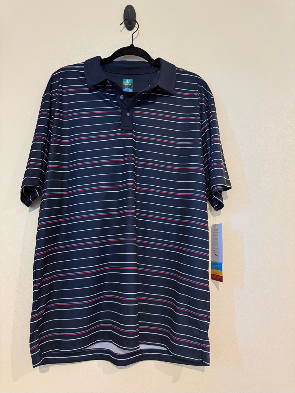 Pro Tour Cool Play  Navy Striped Polo with Red and White Lines NWT